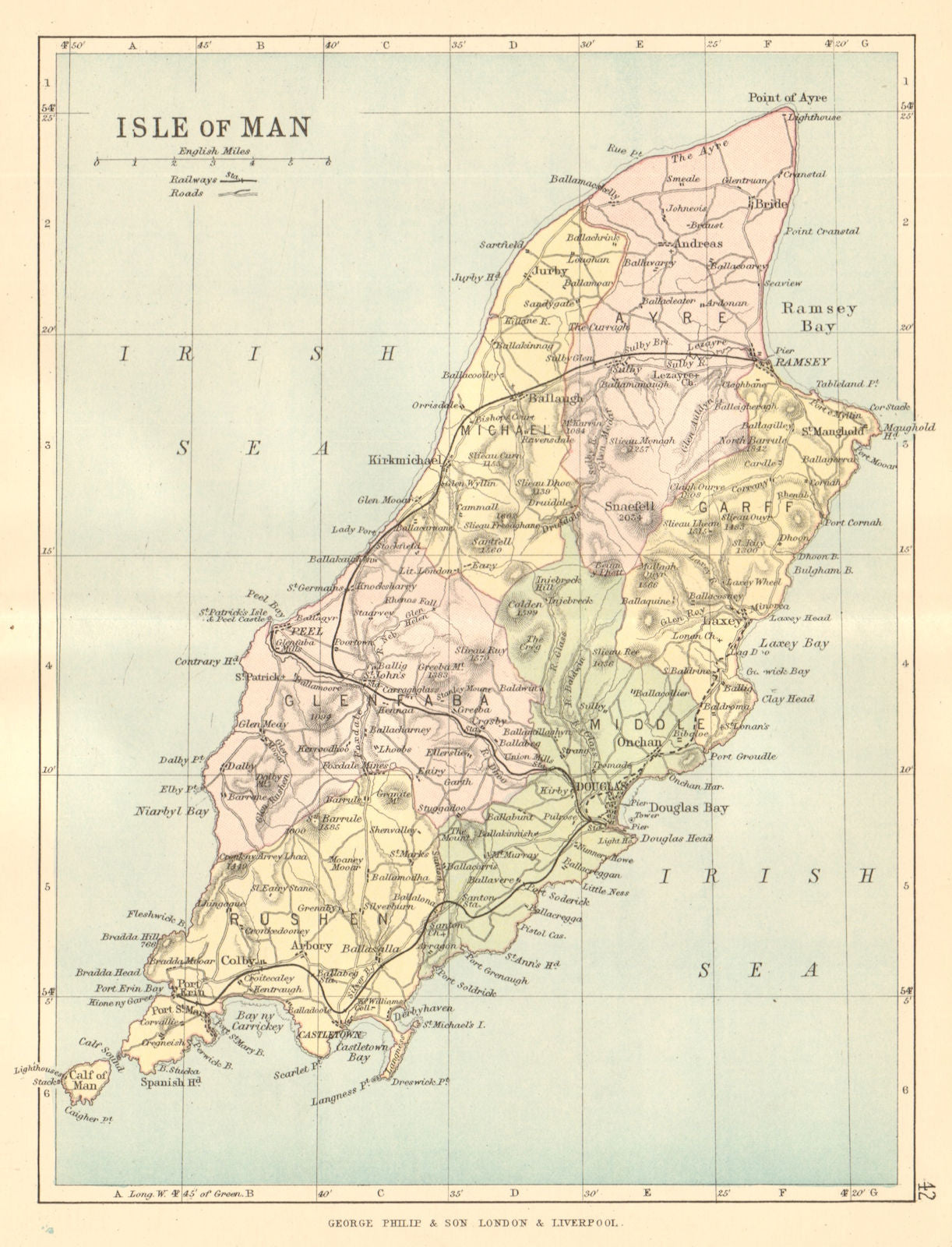ISLE OF MAN. Antique map showing sheadings. Railways roads. PHILIP 1884